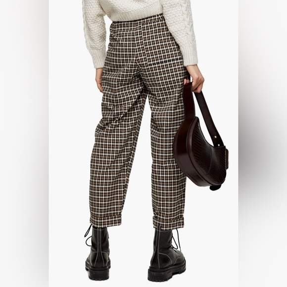 TOPSHOP High Waisted Brown Black Plaid Ankle Trouser Pants | Wide Tapered Leg - Picture 3 of 12